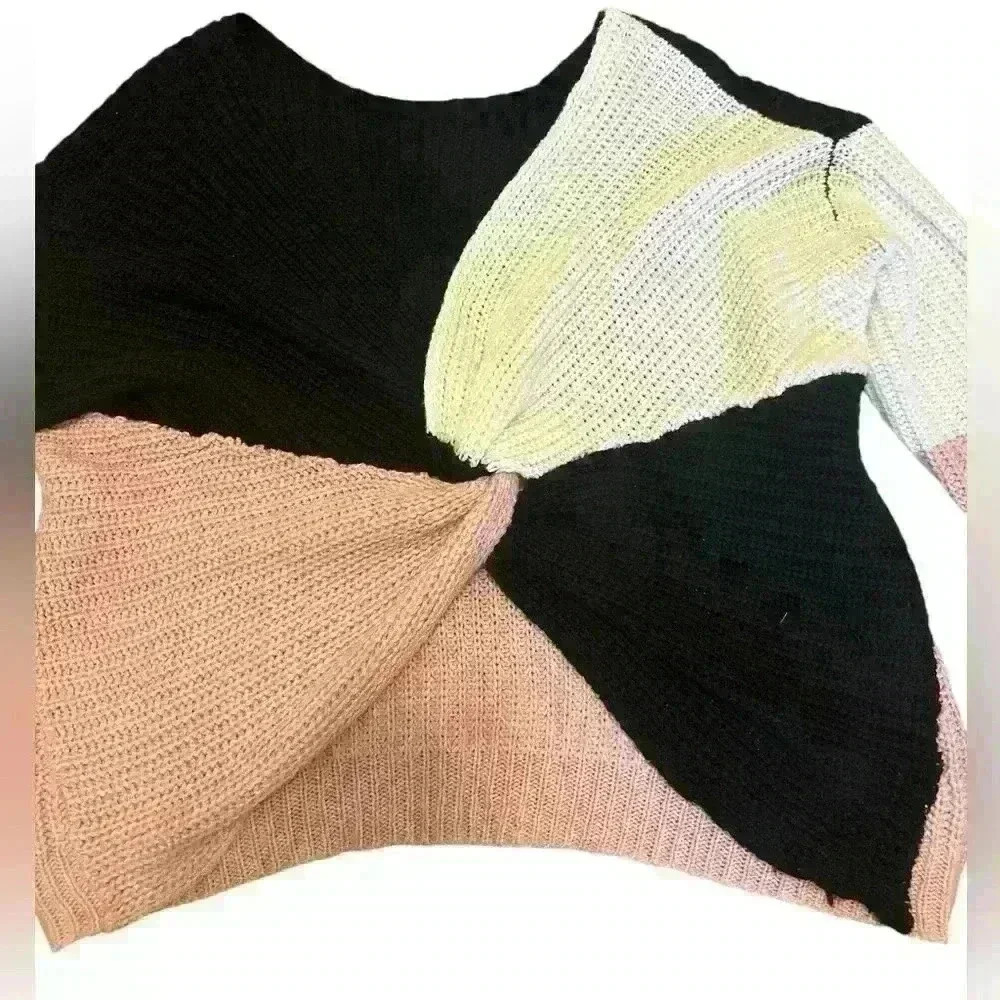 Inner Circle Tri Color Cross Knot Knit Sweater Size XL Rose/Black/White.